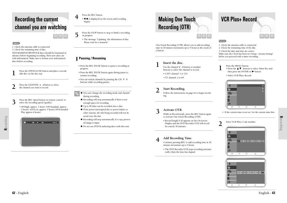 Making one touch recording (otr), Vcr plus+ record, Recording the current channel you are watching | Recording r ecording | Toshiba D-VR3SU User Manual | Page 32 / 60