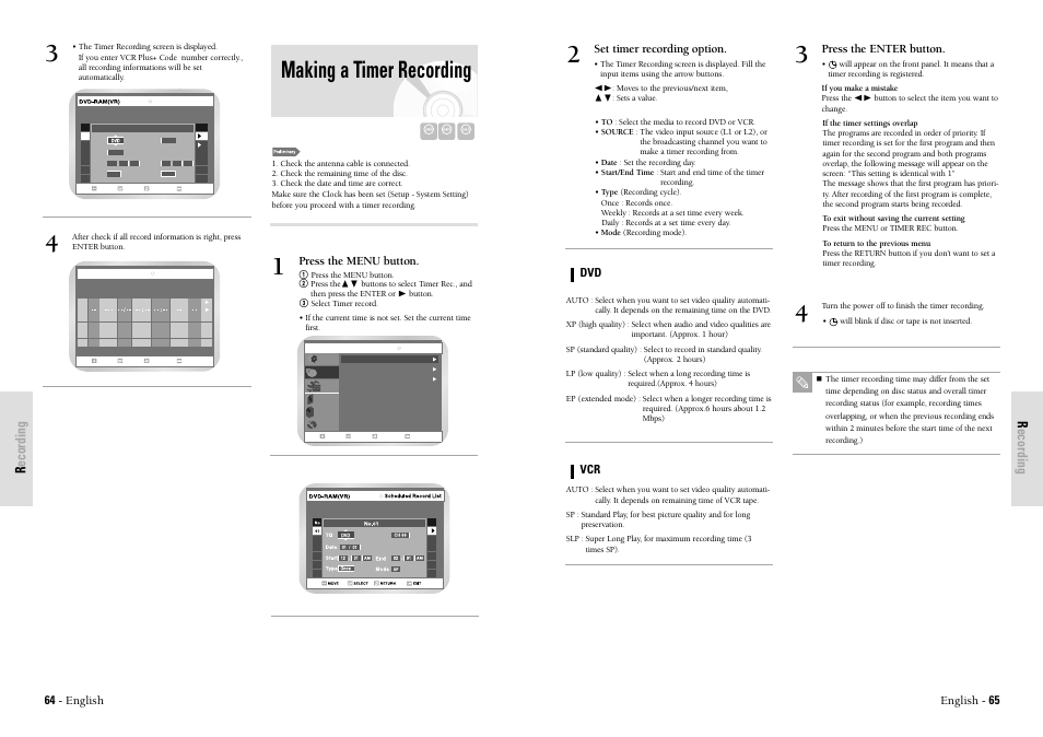 Making a timer recording, Recording, English - 65 | Set timer recording option, Press the menu button, 64 - english, Press the enter button | Toshiba D-VR3SU User Manual | Page 33 / 60