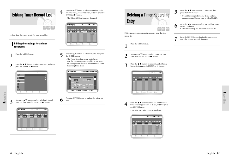 Deleting a timer recording entry, Editing timer record list, Recording | Toshiba D-VR3SU User Manual | Page 34 / 60