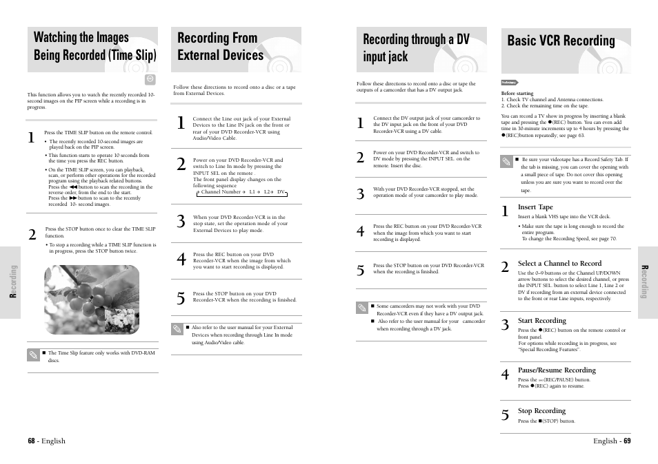 Recording through a dv input jack, Basic vcr recording, Watching the images being recorded (time slip) | Recording from external devices | Toshiba D-VR3SU User Manual | Page 35 / 60