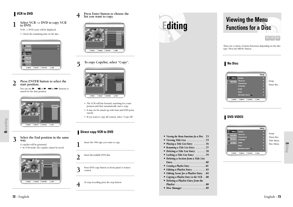 Viewing the menu functions for a disc, Editing, Recording | Toshiba D-VR3SU User Manual | Page 37 / 60