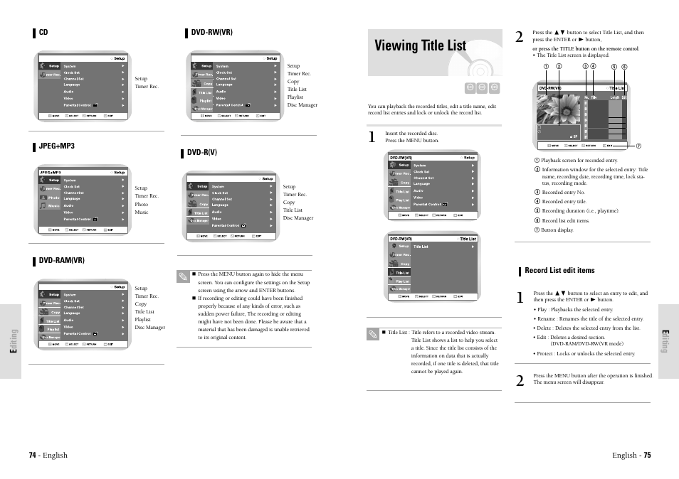 Viewing title list, Editing | Toshiba D-VR3SU User Manual | Page 38 / 60