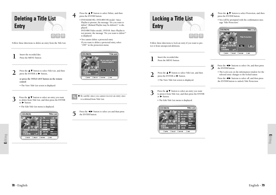Locking a title list entry, Deleting a title list entry | Toshiba D-VR3SU User Manual | Page 40 / 60