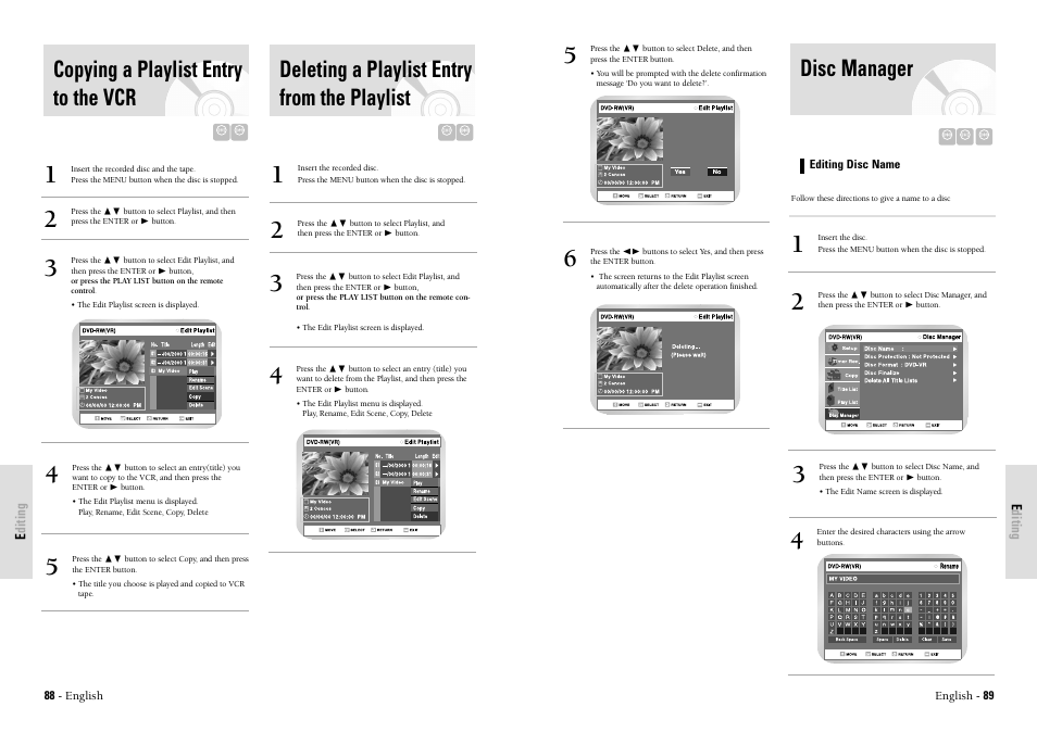 Disc manager, Copying a playlist entry to the vcr, Deleting a playlist entry from the playlist | Toshiba D-VR3SU User Manual | Page 45 / 60