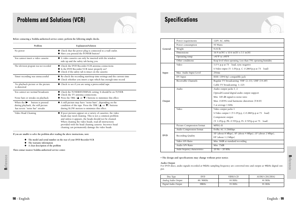 Problems and solutions (vcr), Specifications, Reference | English - 99, 98 - english | Toshiba D-VR3SU User Manual | Page 50 / 60