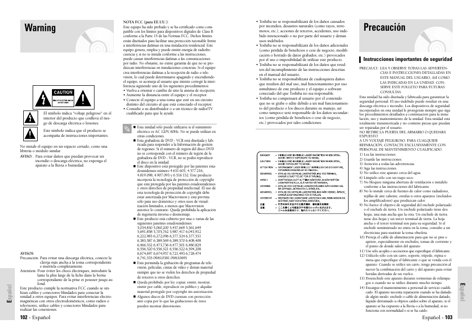 Precaución, Warning | Toshiba D-VR3SU User Manual | Page 52 / 60