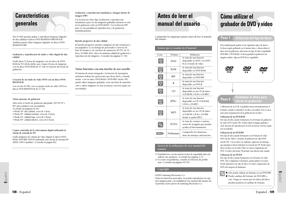 Antes de leer el manual del usuario, Cómo utilizar el grabador de dvd y vídeo, Características generales | Toshiba D-VR3SU User Manual | Page 55 / 60