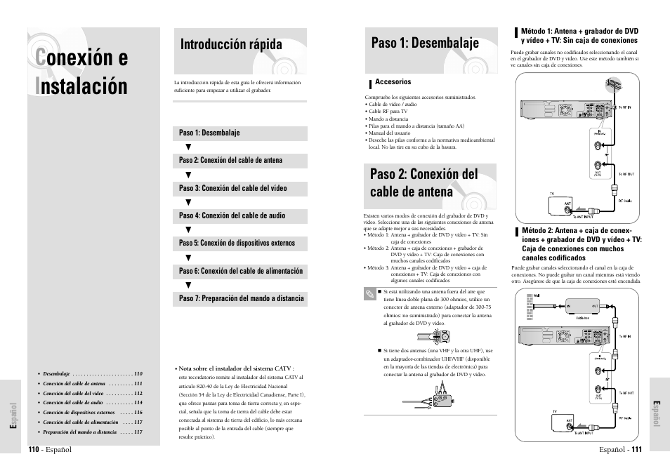 Conexión e i nstalación, Paso 1: desembalaje, Paso 2: conexión del cable de antena | Introducción rápida | Toshiba D-VR3SU User Manual | Page 56 / 60