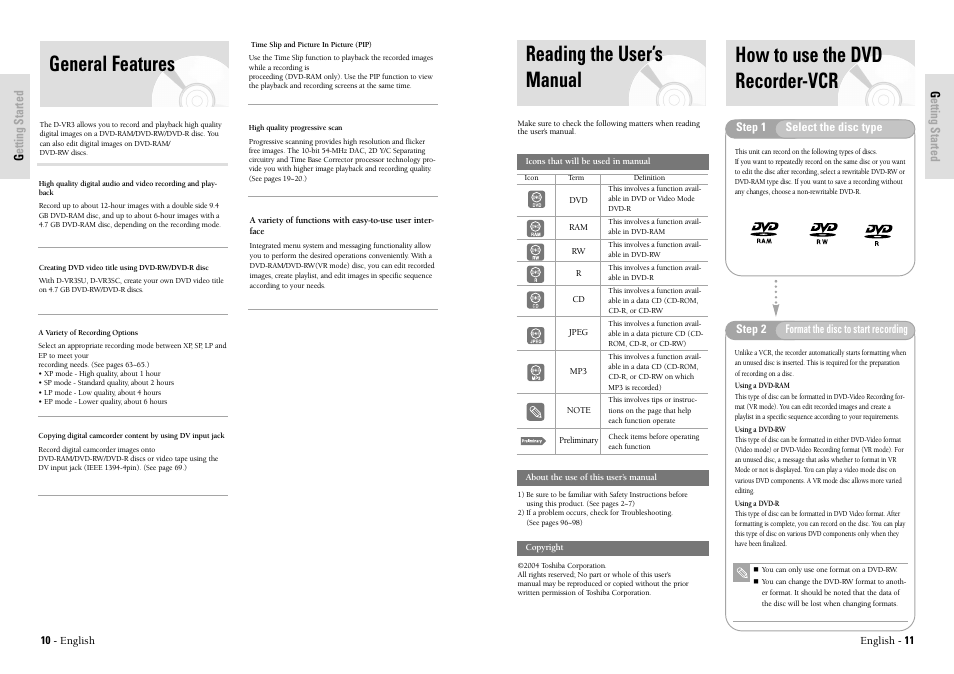 Reading the user’s manual, How to use the dvd recorder-vcr, General features | Toshiba D-VR3SU User Manual | Page 6 / 60