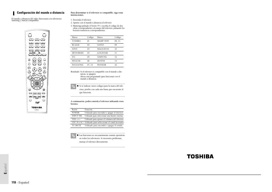 Español, 118 - español, Printed in korea | Configuración del mando a distancia | Toshiba D-VR3SU User Manual | Page 60 / 60