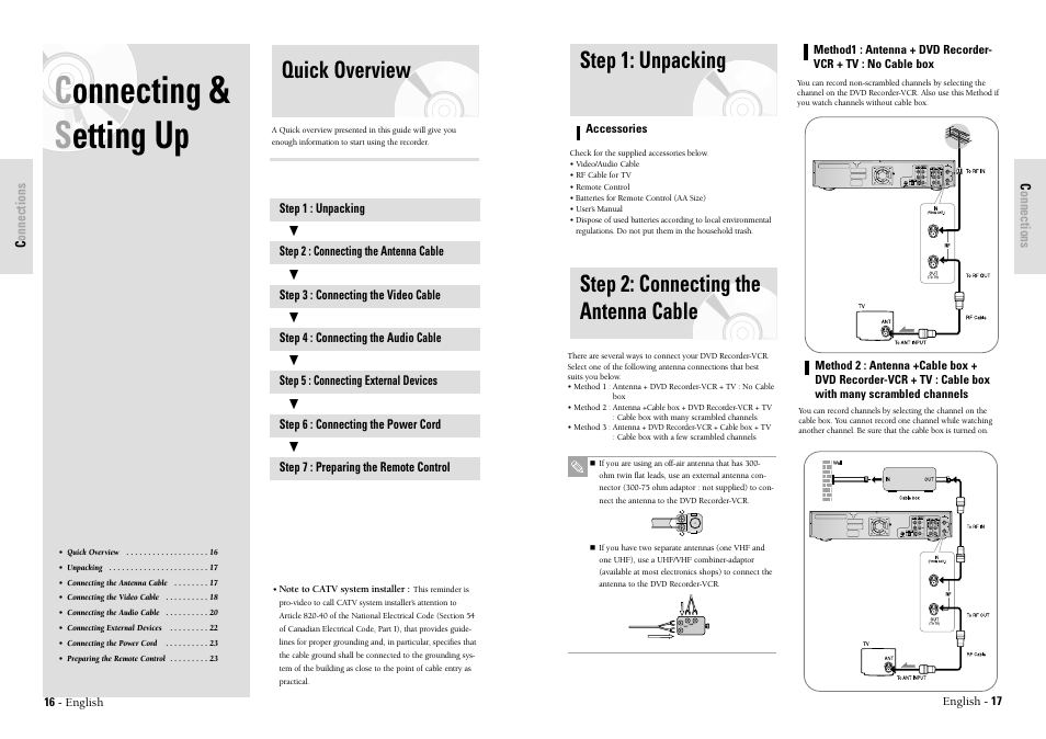 Connecting & s etting up, Step 1: unpacking, Step 2: connecting the antenna cable | Quick overview | Toshiba D-VR3SU User Manual | Page 9 / 60