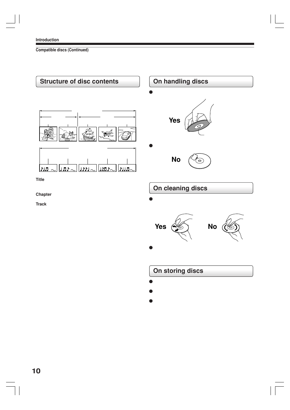 Yes no no, On handling discs, On cleaning discs | On storing discs, Structure of disc contents | Toshiba RD-XS34SB User Manual | Page 10 / 86