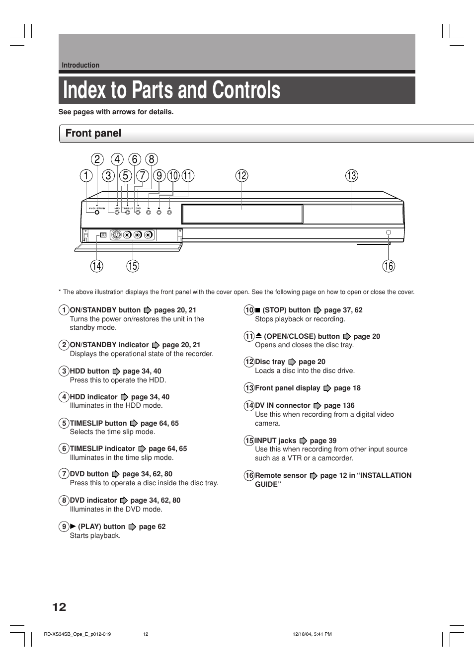 Index to parts and controls, Front panel | Toshiba RD-XS34SB User Manual | Page 12 / 86