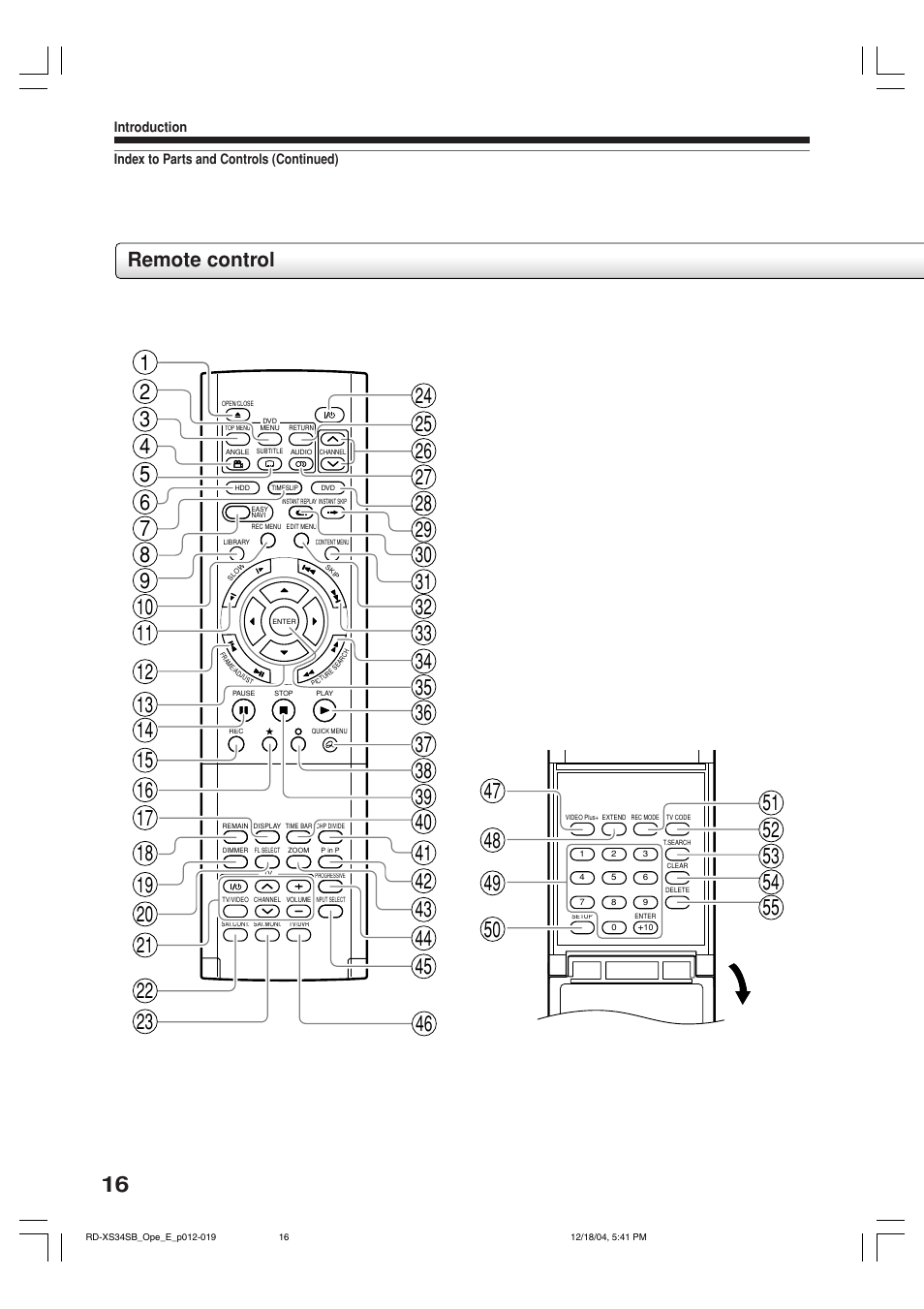Remote control | Toshiba RD-XS34SB User Manual | Page 16 / 86