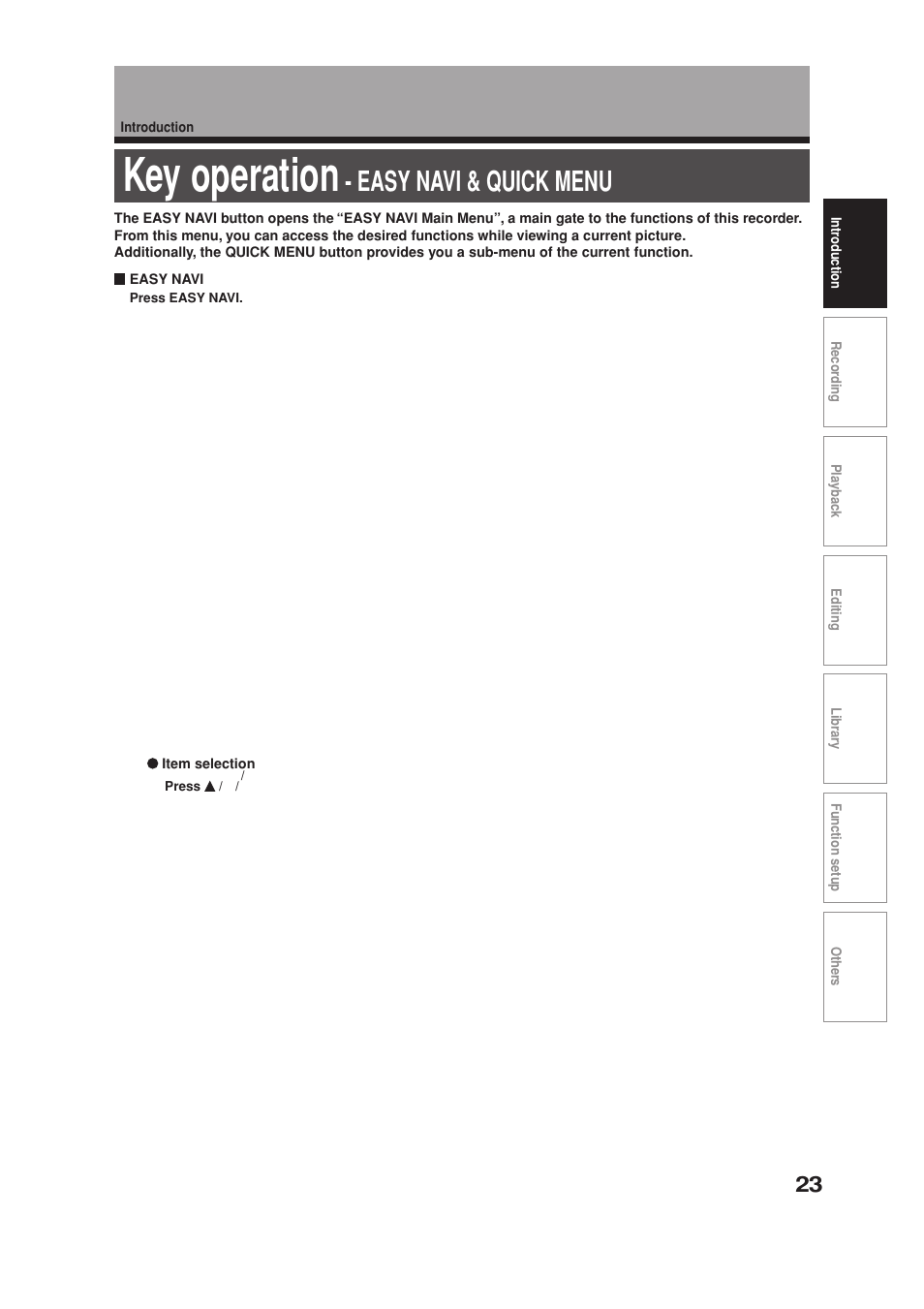 Key operation, Easy navi & quick menu | Toshiba RD-XS34SB User Manual | Page 23 / 86
