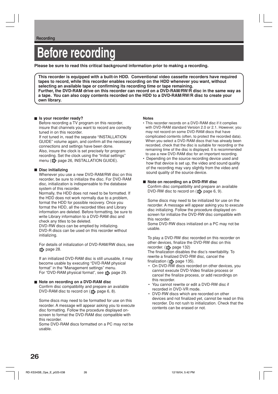 Before recording | Toshiba RD-XS34SB User Manual | Page 26 / 86