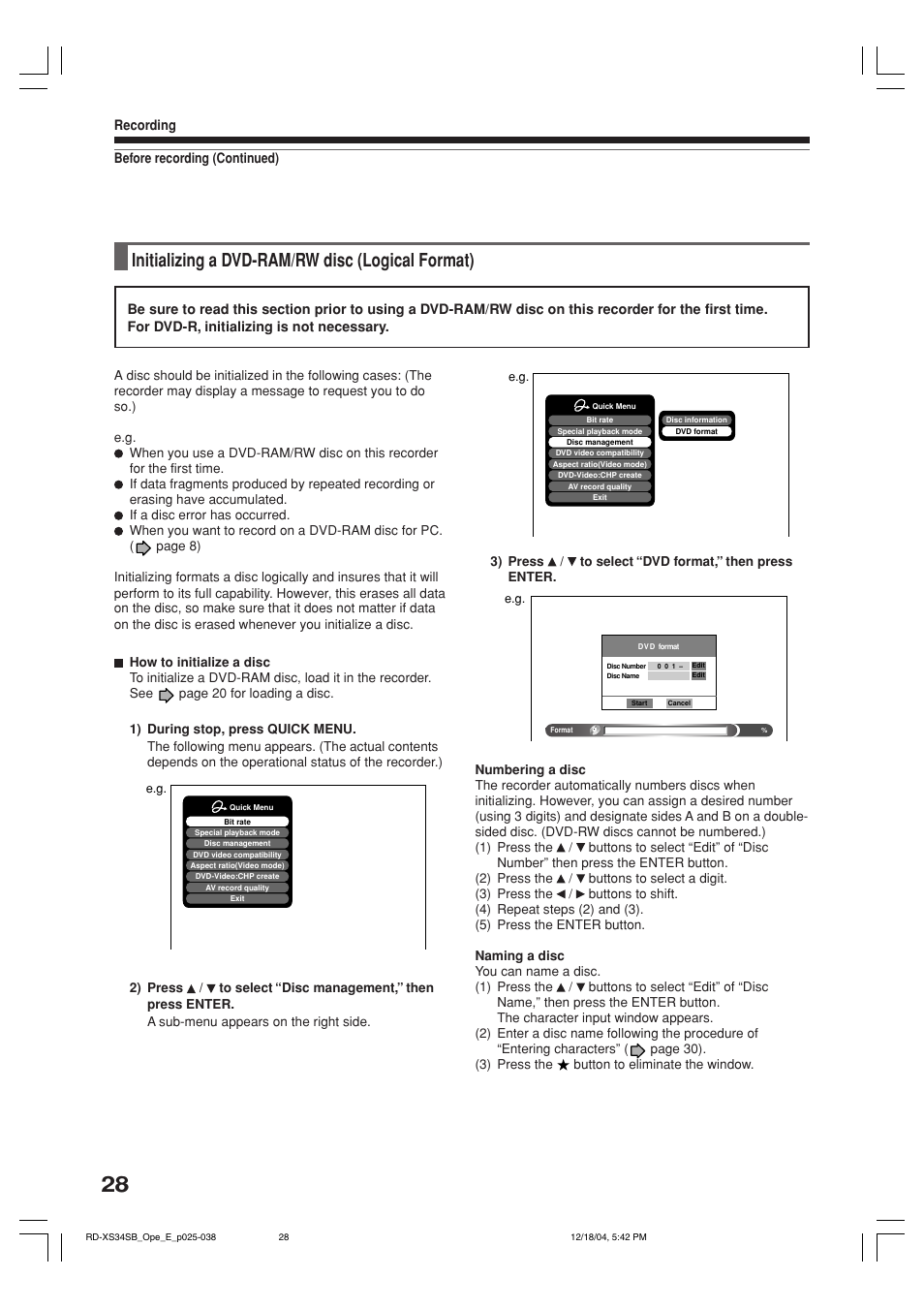 Initializing a dvd-ram/rw disc (logical format) | Toshiba RD-XS34SB User Manual | Page 28 / 86