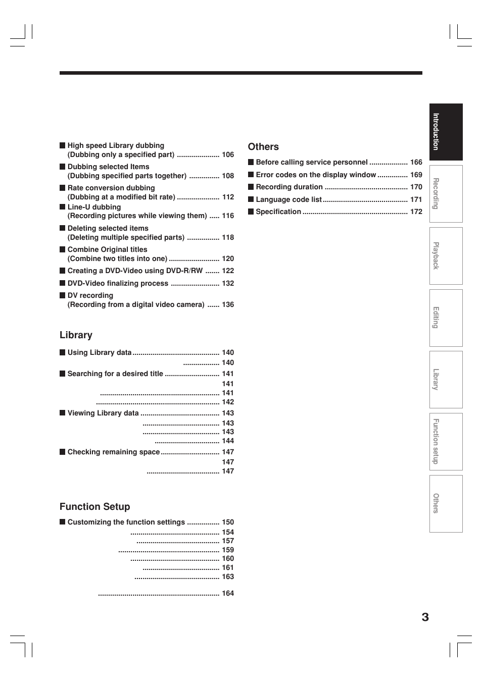 Library, Function setup, Others | Toshiba RD-XS34SB User Manual | Page 3 / 86