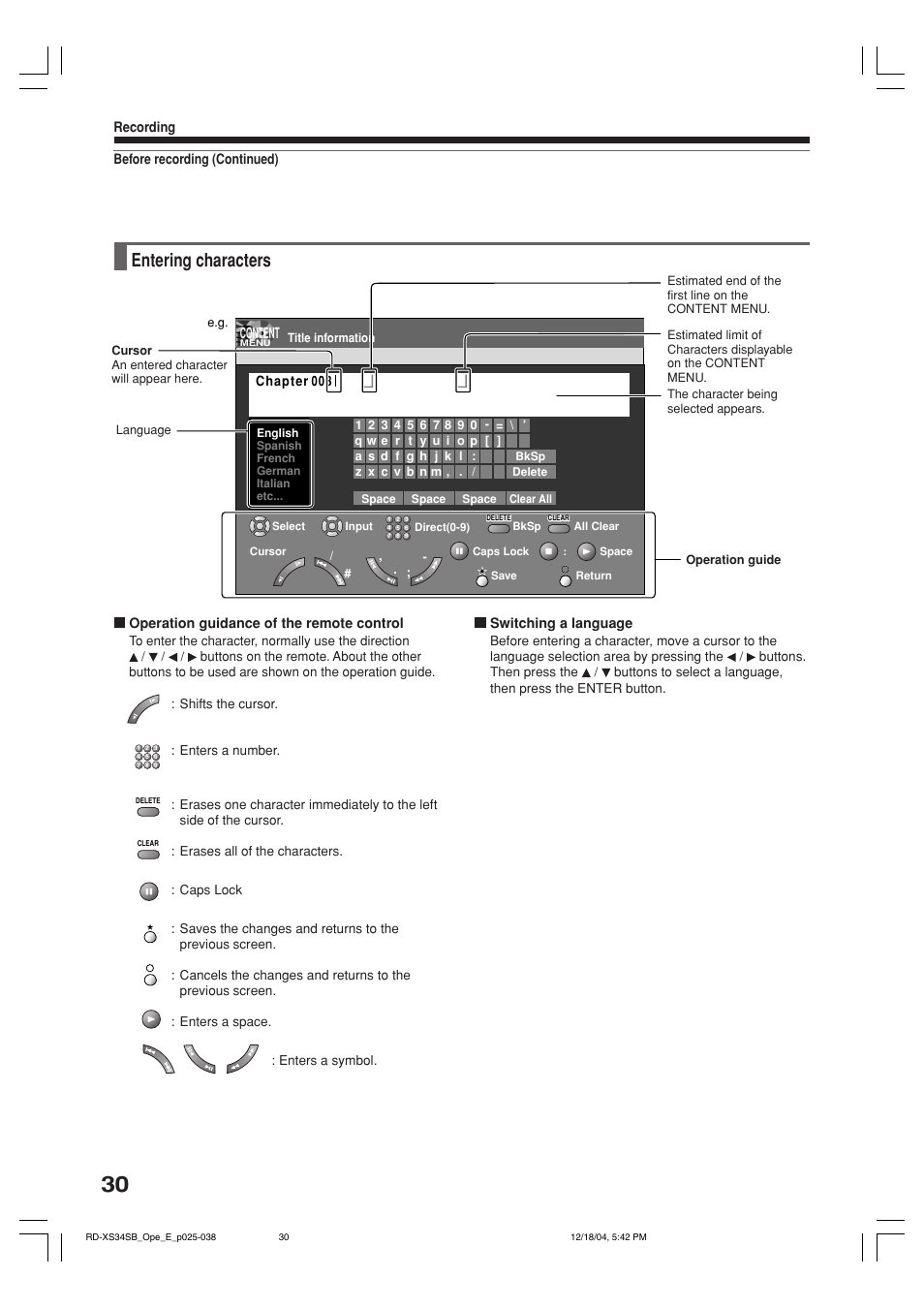 Entering characters | Toshiba RD-XS34SB User Manual | Page 30 / 86