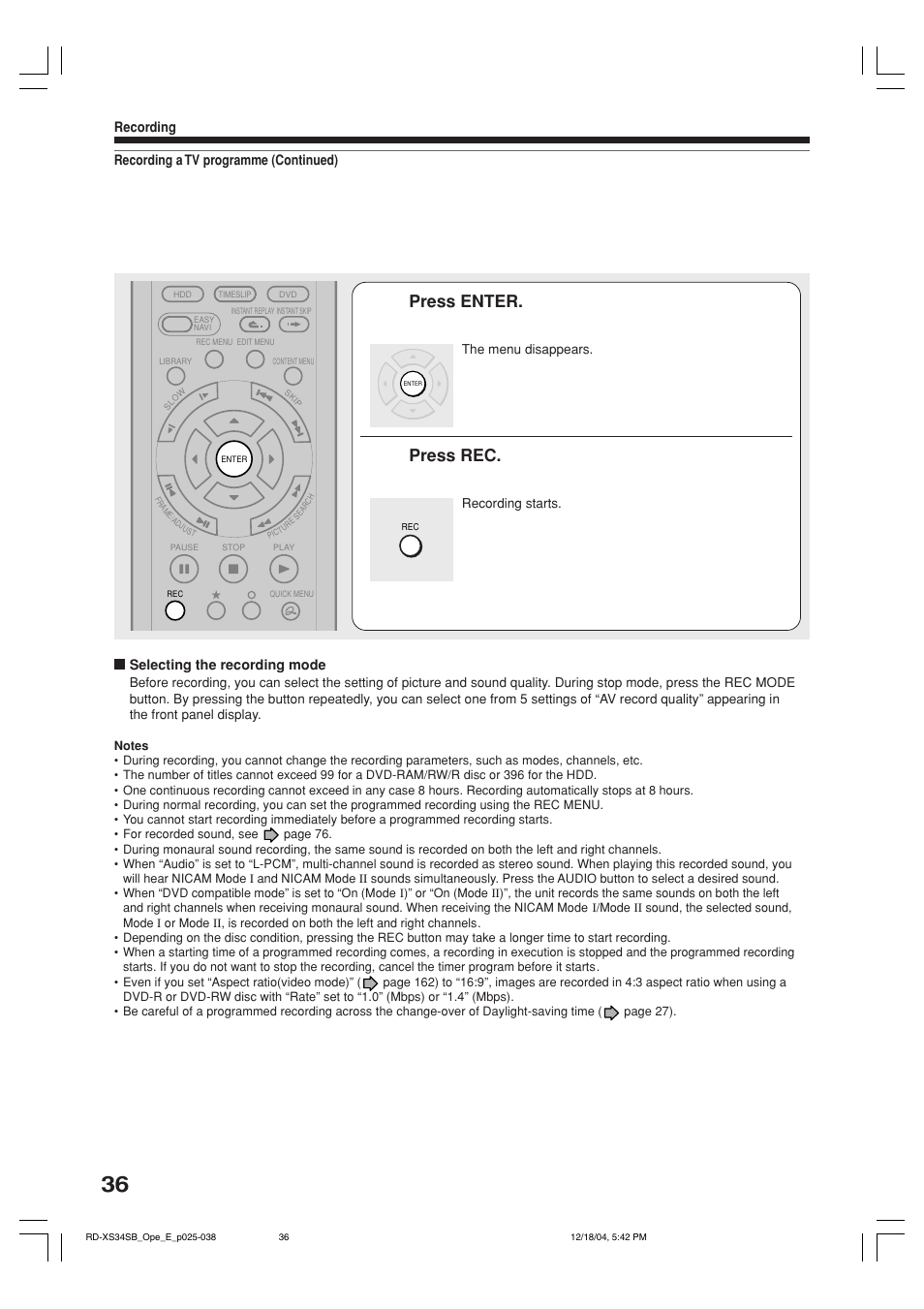 Press enter, Press rec | Toshiba RD-XS34SB User Manual | Page 36 / 86