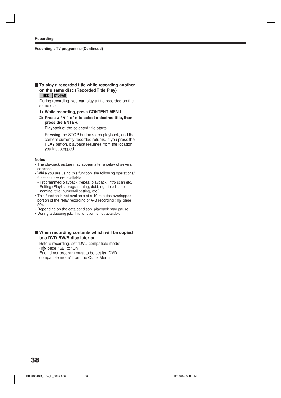 Toshiba RD-XS34SB User Manual | Page 38 / 86