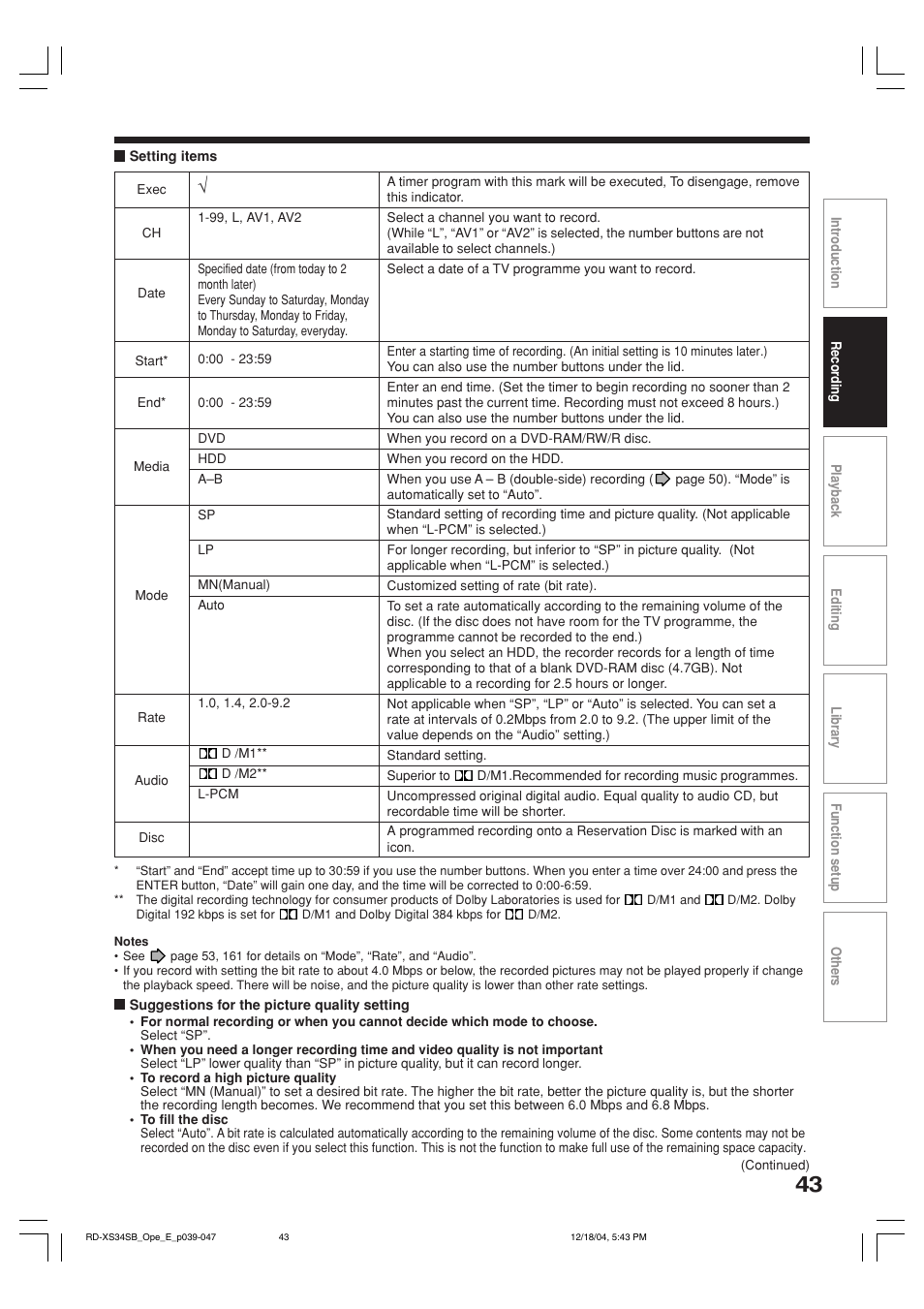 Toshiba RD-XS34SB User Manual | Page 43 / 86