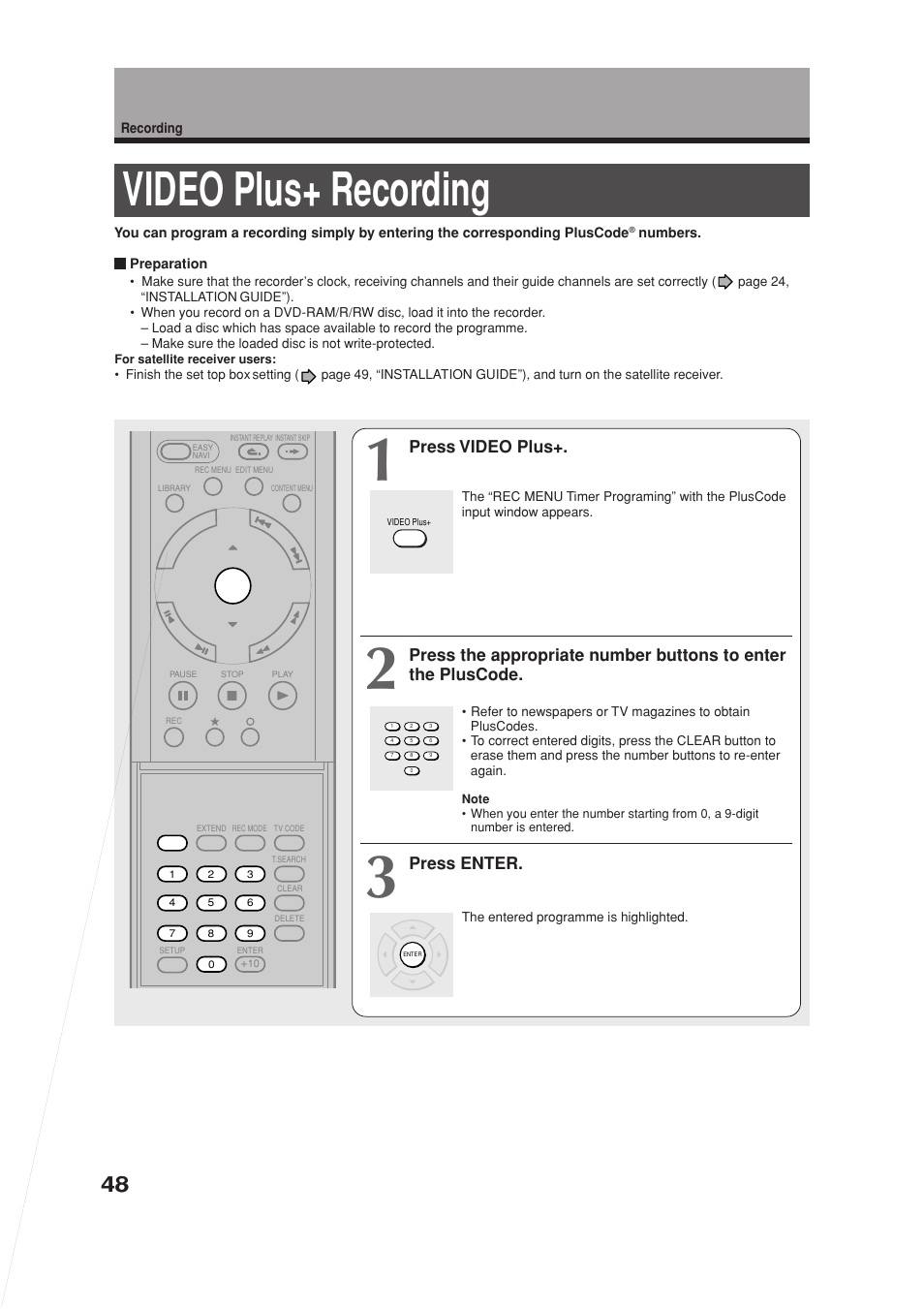 Video plus+ recording, Press video plus, Press enter | Toshiba RD-XS34SB User Manual | Page 48 / 86