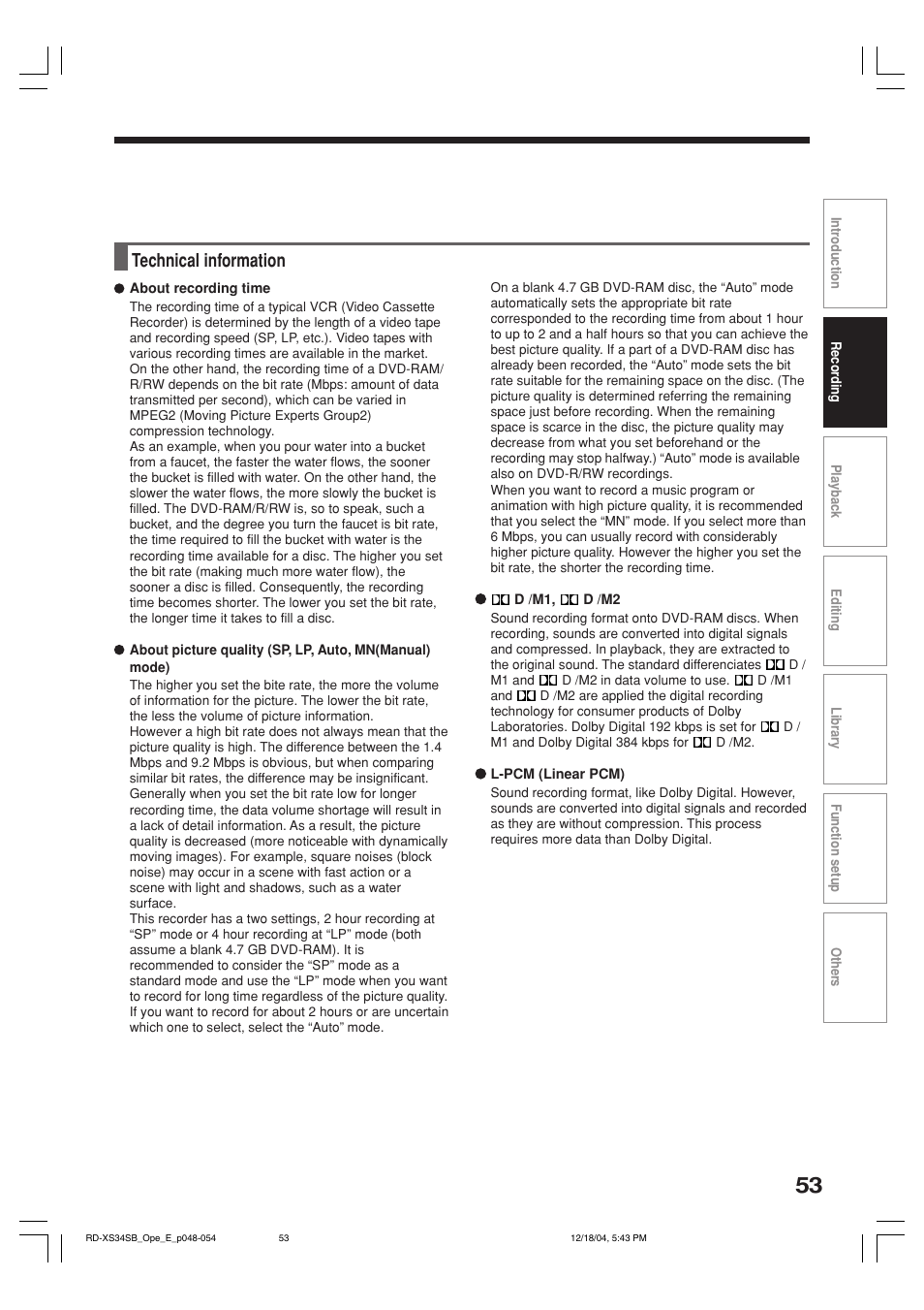 Technical information | Toshiba RD-XS34SB User Manual | Page 53 / 86