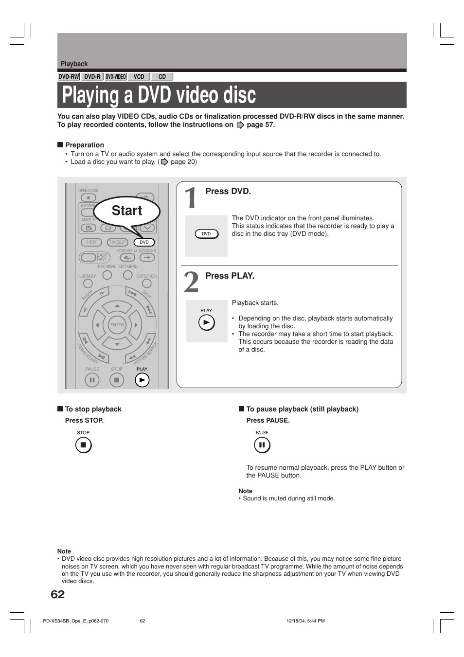 Playing a dvd video disc, Start, Press dvd | Press play | Toshiba RD-XS34SB User Manual | Page 62 / 86