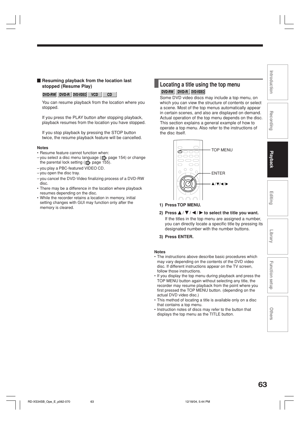 Locating a title using the top menu | Toshiba RD-XS34SB User Manual | Page 63 / 86