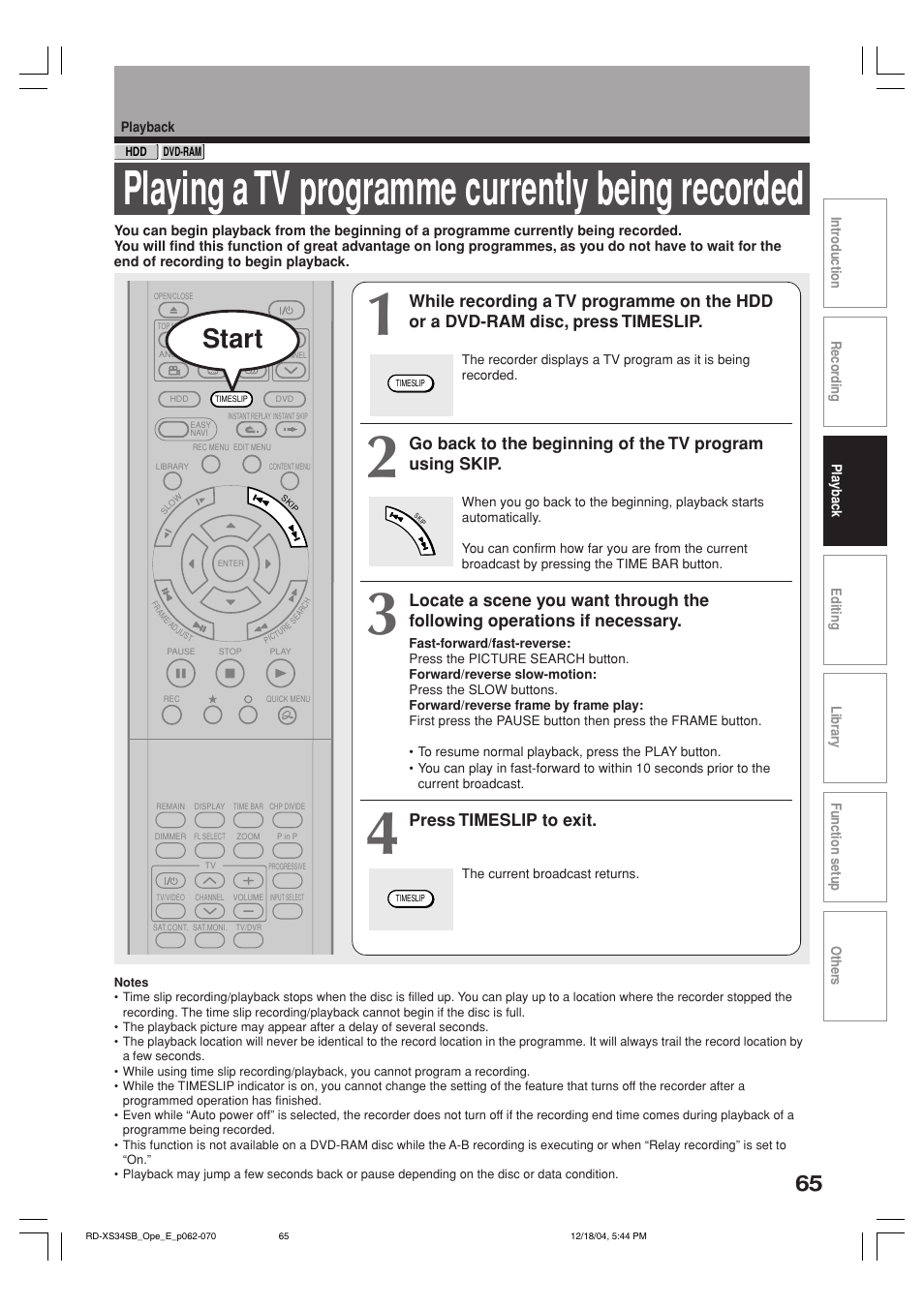 Playing a tv programme currently being recorded, Start, Press timeslip to exit | Toshiba RD-XS34SB User Manual | Page 65 / 86