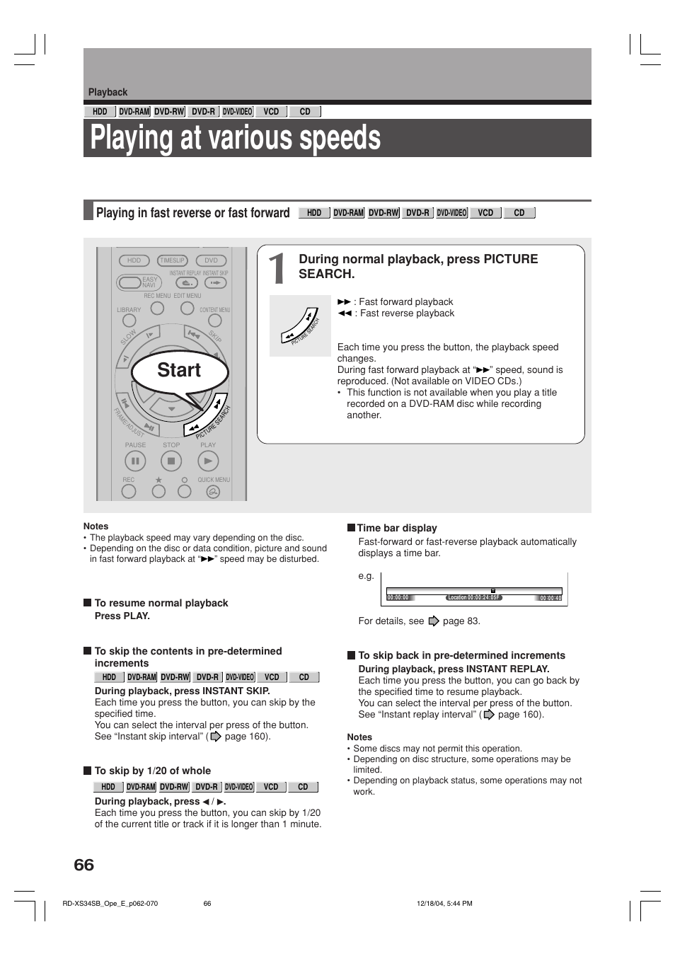 Playing at various speeds, Start, Playing in fast reverse or fast forward | During normal playback, press picture search | Toshiba RD-XS34SB User Manual | Page 66 / 86