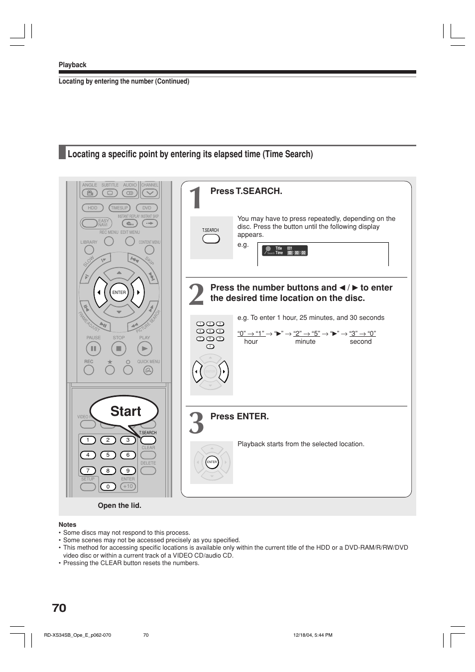 Start, Press t.search, Press enter | Toshiba RD-XS34SB User Manual | Page 70 / 86