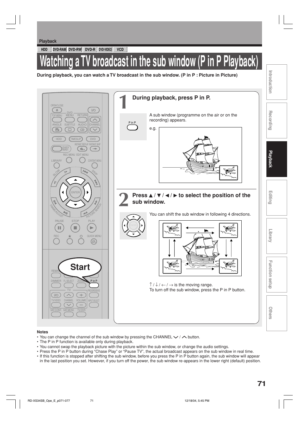 Start, During playback, press p in p | Toshiba RD-XS34SB User Manual | Page 71 / 86