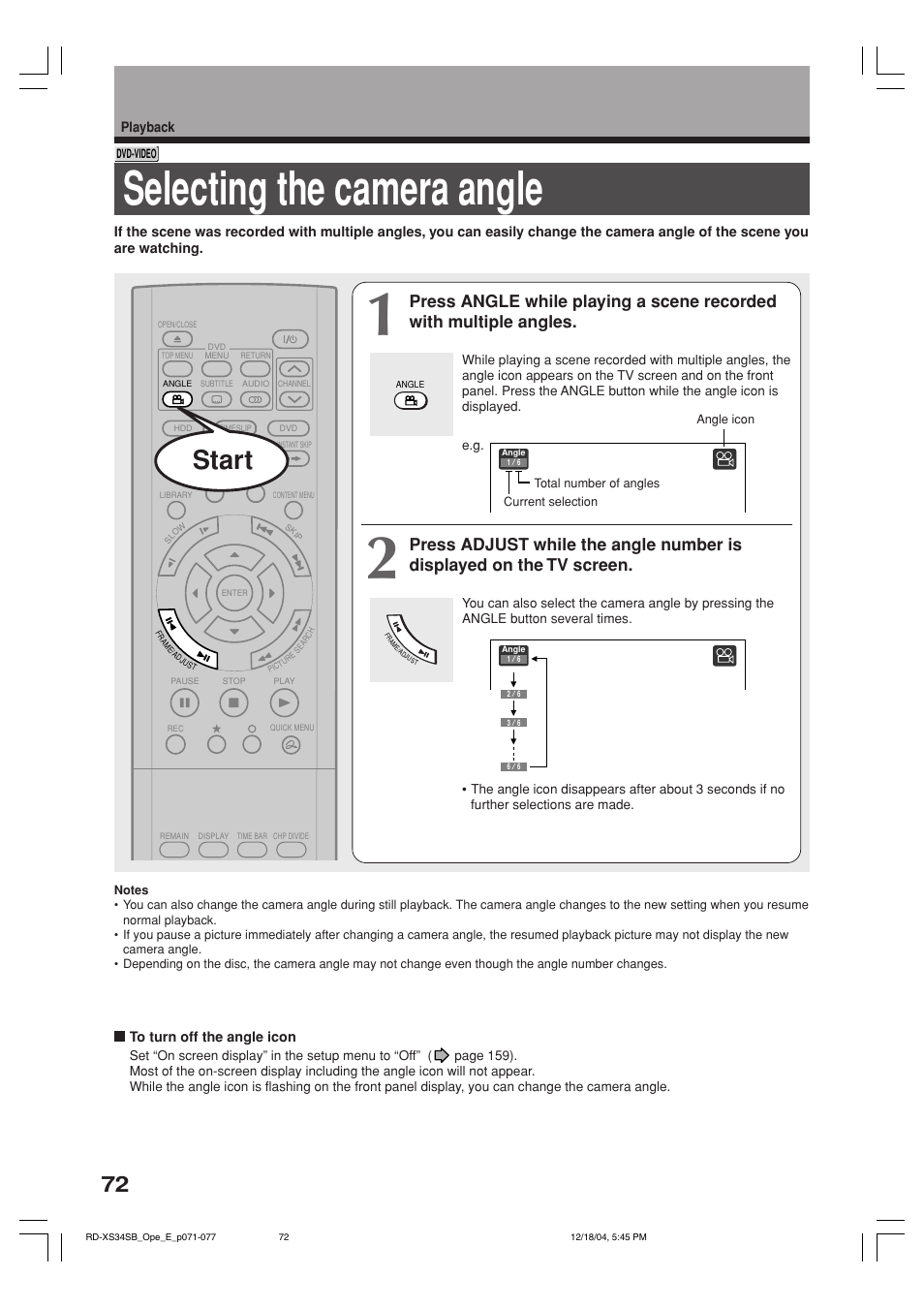 Selecting the camera angle, Start | Toshiba RD-XS34SB User Manual | Page 72 / 86