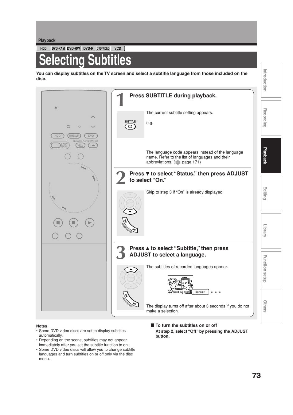 Selecting subtitles | Toshiba RD-XS34SB User Manual | Page 73 / 86