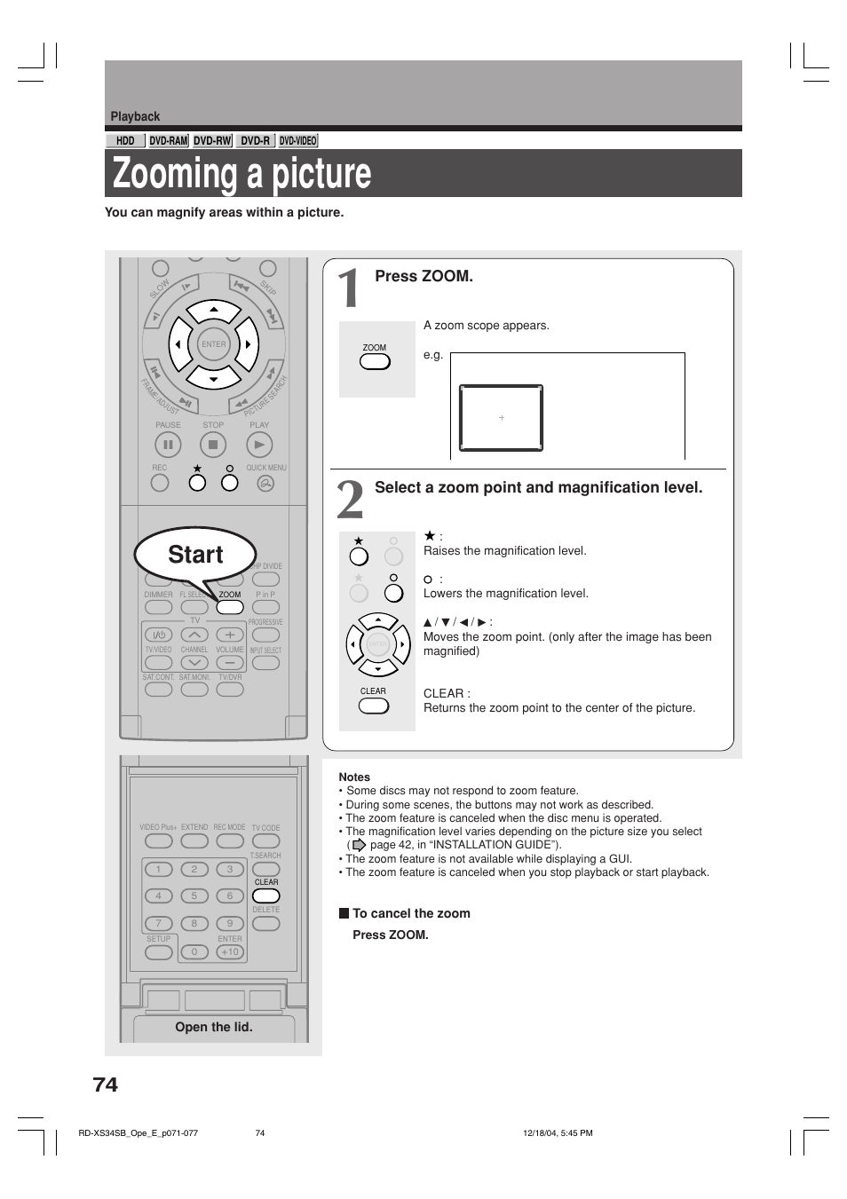 Zooming a picture, Start, Press zoom | Select a zoom point and magnification level | Toshiba RD-XS34SB User Manual | Page 74 / 86