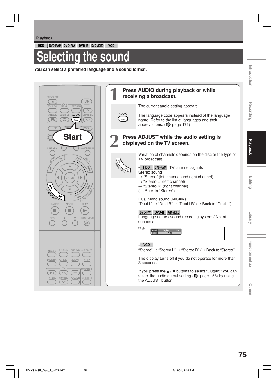 Selecting the sound, Start | Toshiba RD-XS34SB User Manual | Page 75 / 86