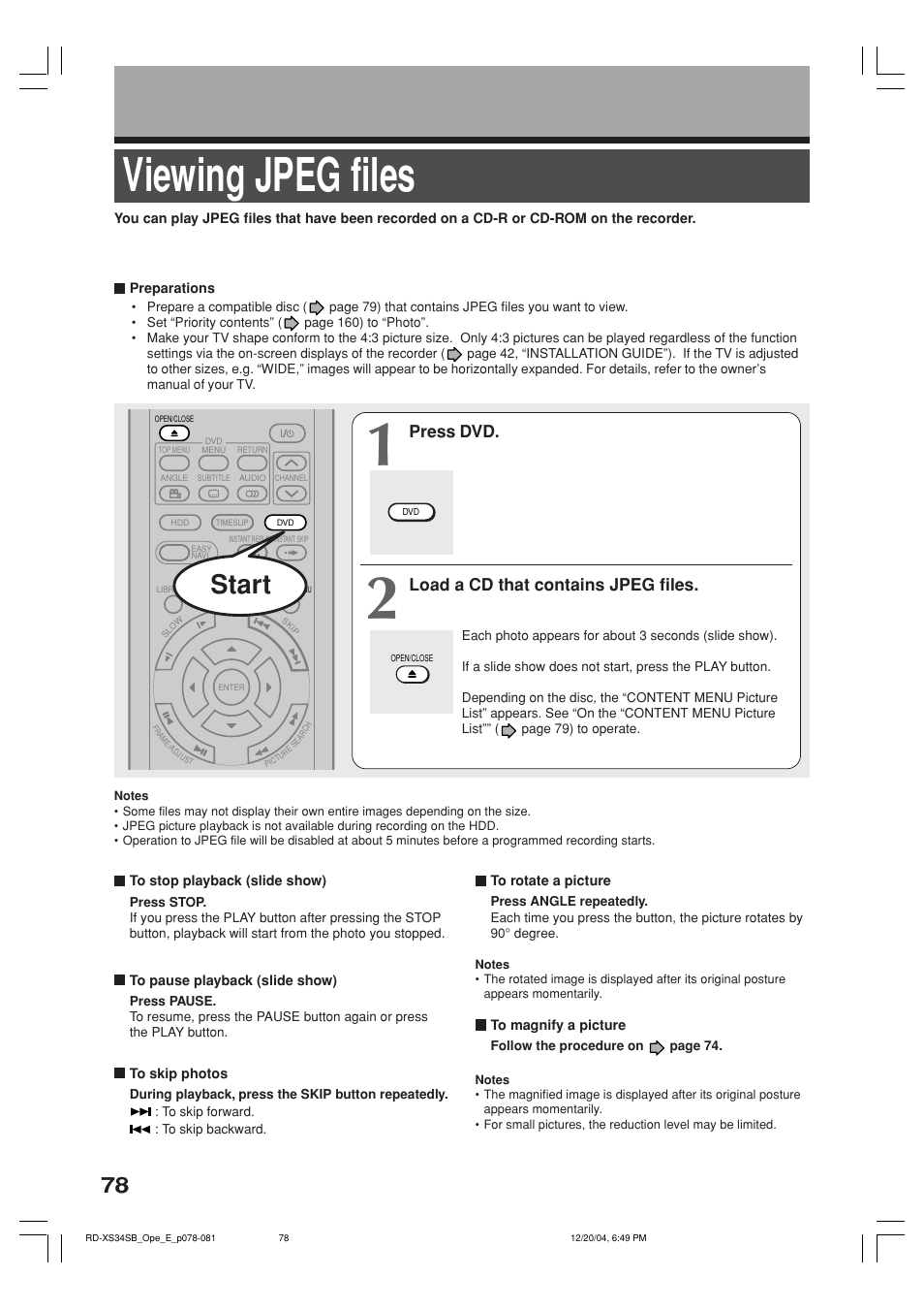 Viewing jpeg files, Start, Press dvd | Load a cd that contains jpeg files | Toshiba RD-XS34SB User Manual | Page 78 / 86