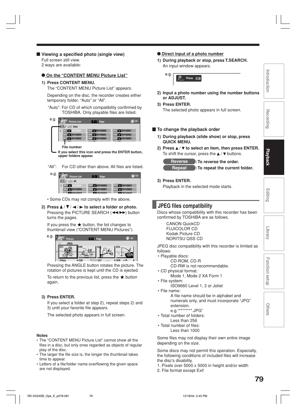 Jpeg files compatibility, On the “content menu picture list, Reverse | Repeat | Toshiba RD-XS34SB User Manual | Page 79 / 86