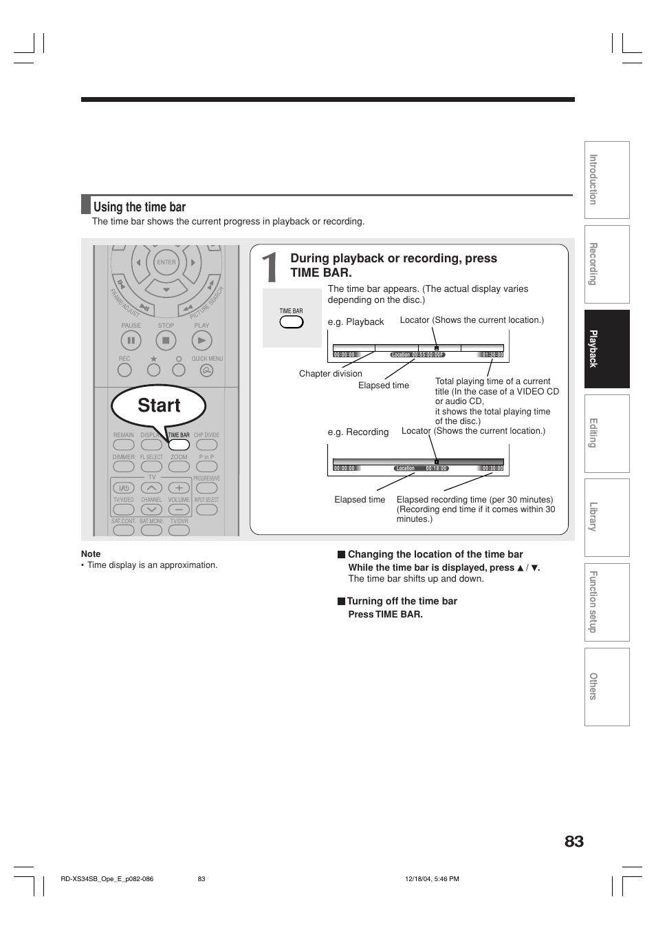 Start, Using the time bar, During playback or recording, press time bar | Toshiba RD-XS34SB User Manual | Page 83 / 86