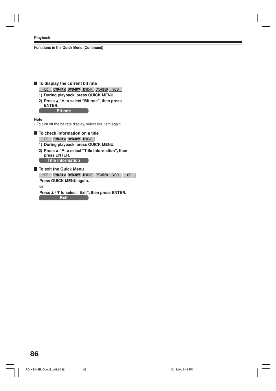 Toshiba RD-XS34SB User Manual | Page 86 / 86