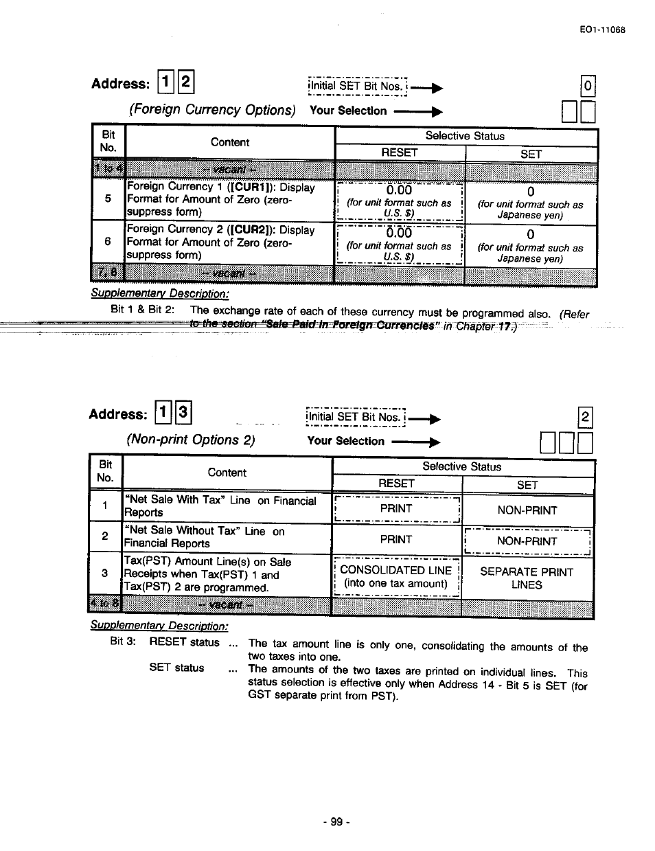 Address: [i] 3, Foreign currency options), Non-print options 2) | Address: 1 | Toshiba TEC MA-305-100 User Manual | Page 101 / 128
