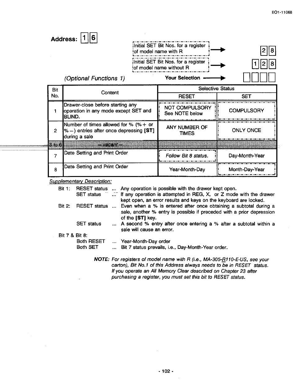 Address, Address 11, Optional functions 1) | Toshiba TEC MA-305-100 User Manual | Page 104 / 128