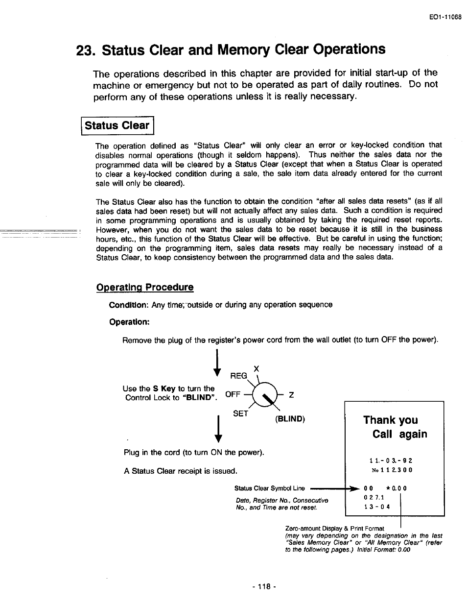 Status clear and memory clear operations, Status clear, Operating procedure | Thank you call again | Toshiba TEC MA-305-100 User Manual | Page 120 / 128
