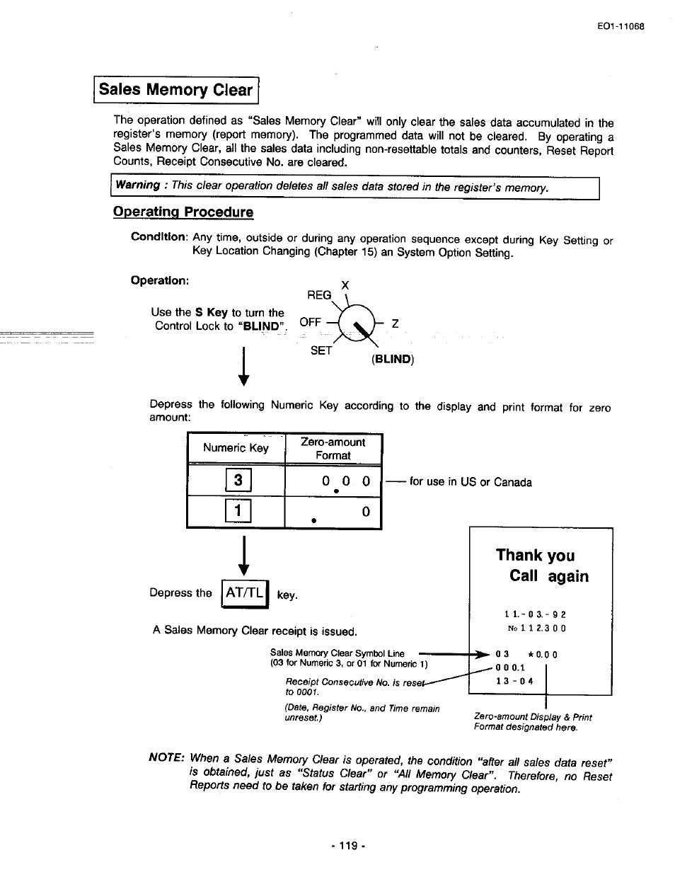 Sales memory clear, Operating procedure, Thank you call again | Toshiba TEC MA-305-100 User Manual | Page 121 / 128
