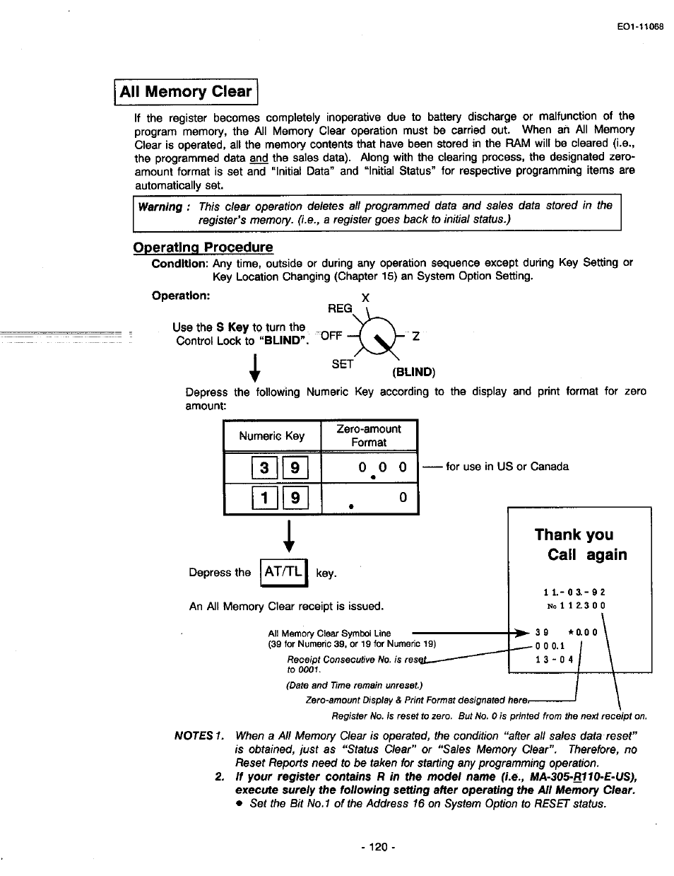 All memory clear, Operating procedure, Thank you call again | 1 3 ii 9 | Toshiba TEC MA-305-100 User Manual | Page 122 / 128