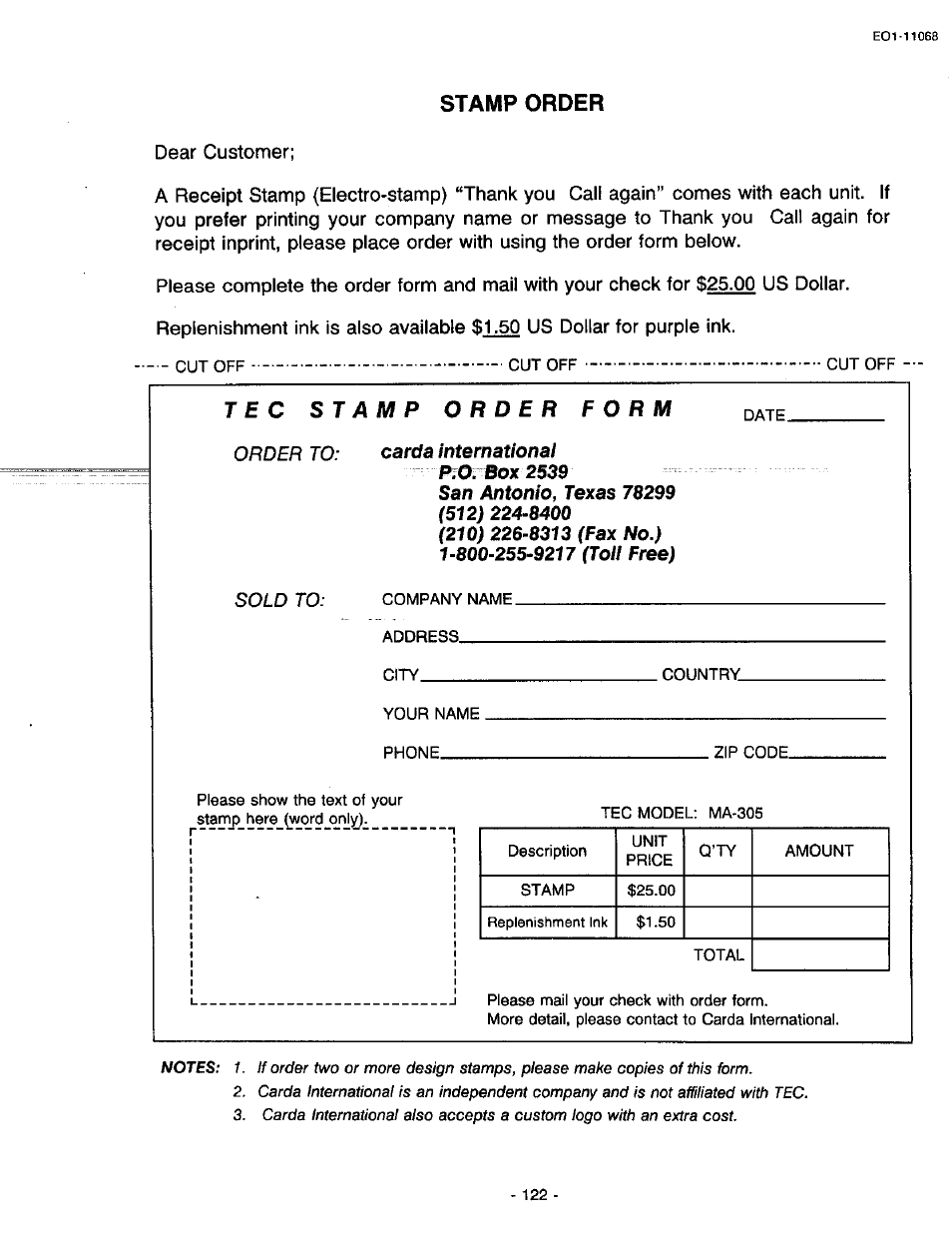 Stamp order, Dear customer, Box 2539 | Toshiba TEC MA-305-100 User Manual | Page 124 / 128