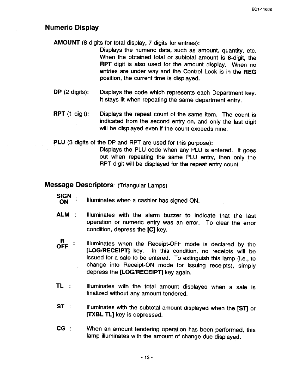 Numeric display, Message descriptors (triangular lamps) | Toshiba TEC MA-305-100 User Manual | Page 15 / 128