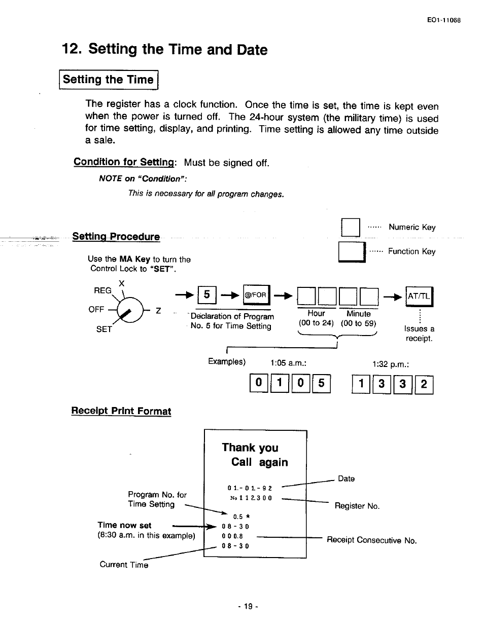 Setting the time and date, Setting the time, Receipt print format | Toshiba TEC MA-305-100 User Manual | Page 21 / 128